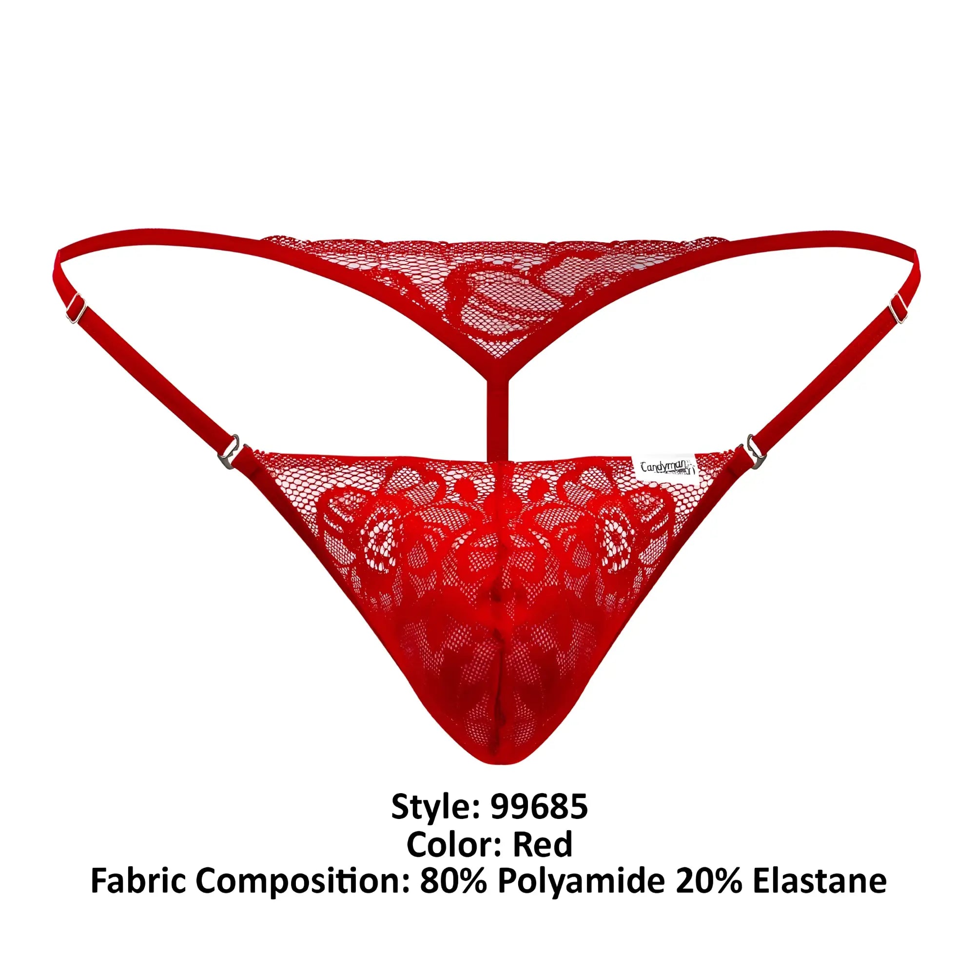 Red lace thong candyMan 99685 with floral pattern and adjustable straps for comfortable fit