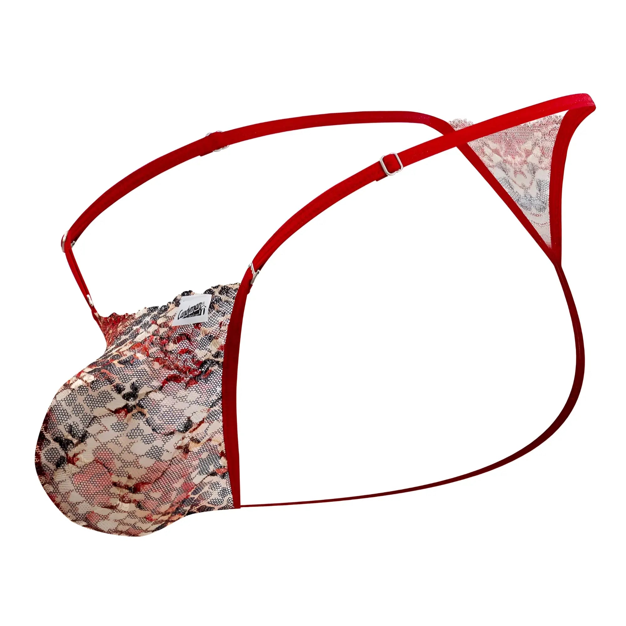 Red lace thong with floral pattern and adjustable straps from candyman in red color