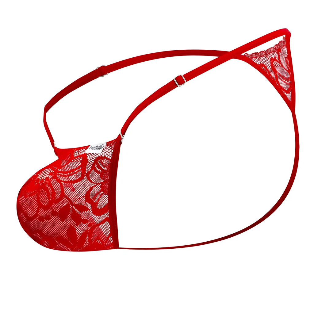Red lace thong with floral pattern and adjustable straps from Candyman 99685 in vibrant red lace material