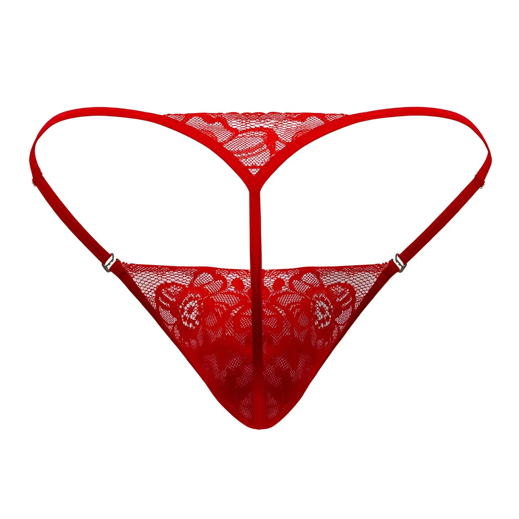 Red lace thong candy man 99685 featuring floral patterns and thin straps in vibrant red lace material