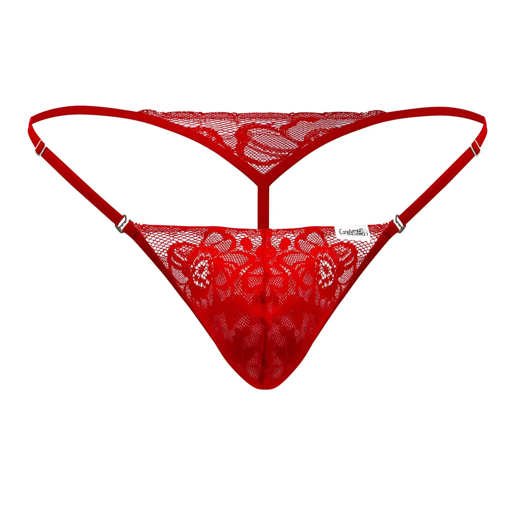 Red lace thong CandyMan 99685 with floral patterns and thin straps in vibrant red color
