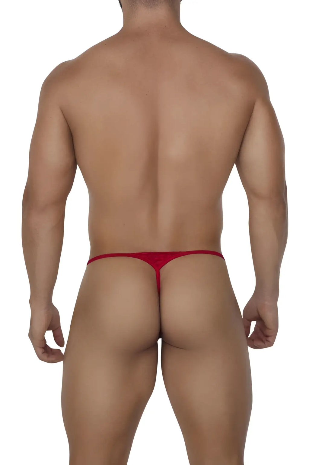 Red thong lace thong color red made of stretchy fabric by candyman shown from the back side