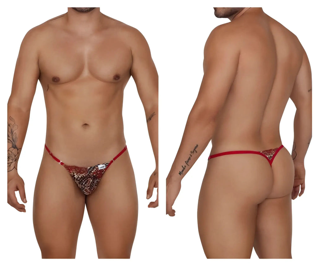Red CandyMan 99685 lace thong with patterned sequined center and thin straps for stylish lingerie wear