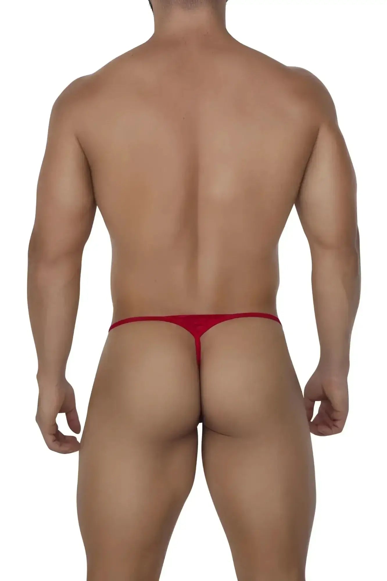 Red thong lace thong color red made of stretchy fabric by candyman shown from the back side