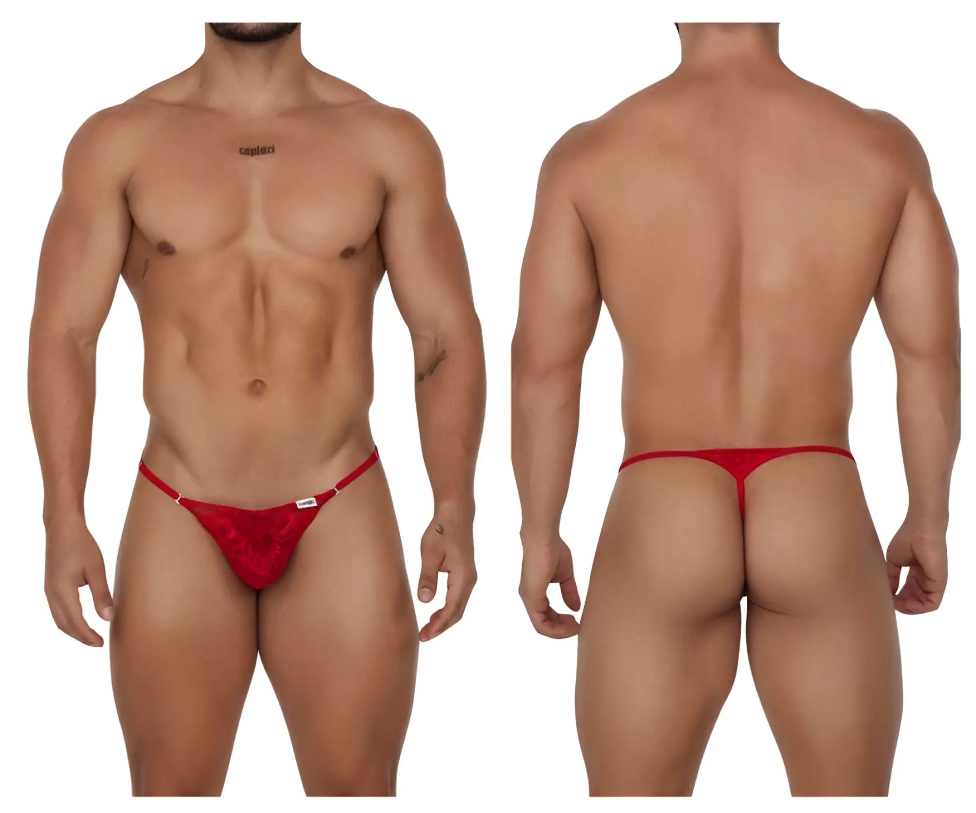 Red candyMan 99685 lace thong featuring delicate lace fabric and a small white brand tag on the side