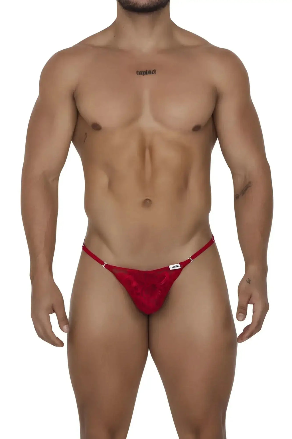Red lace thong with a small white candyman brand tag on the waistband in color red