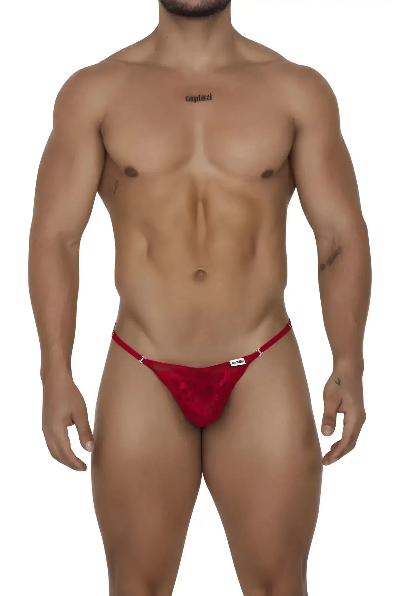 Red lace thong with a small white candyman brand tag on the waistband in color red