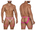CandyMan 99687 garter jock two piece set beige neon bright pink and nude men’s lingerie briefs with sheer mesh panels