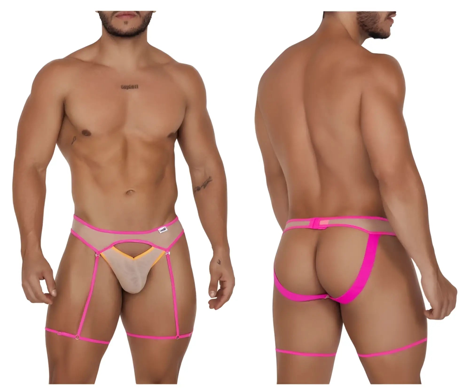 CandyMan 99687 garter jock two piece set beige neon bright pink and nude men’s lingerie briefs with sheer mesh panels