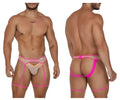 CandyMan 99687 garter jock two piece set beige neon bright pink and nude men’s lingerie briefs with sheer mesh panels