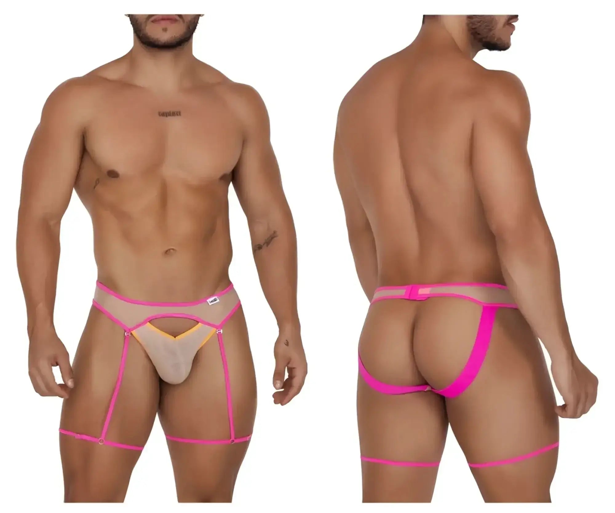 CandyMan 99687 garter jock two piece set beige neon bright pink and nude men’s lingerie briefs with sheer mesh panels