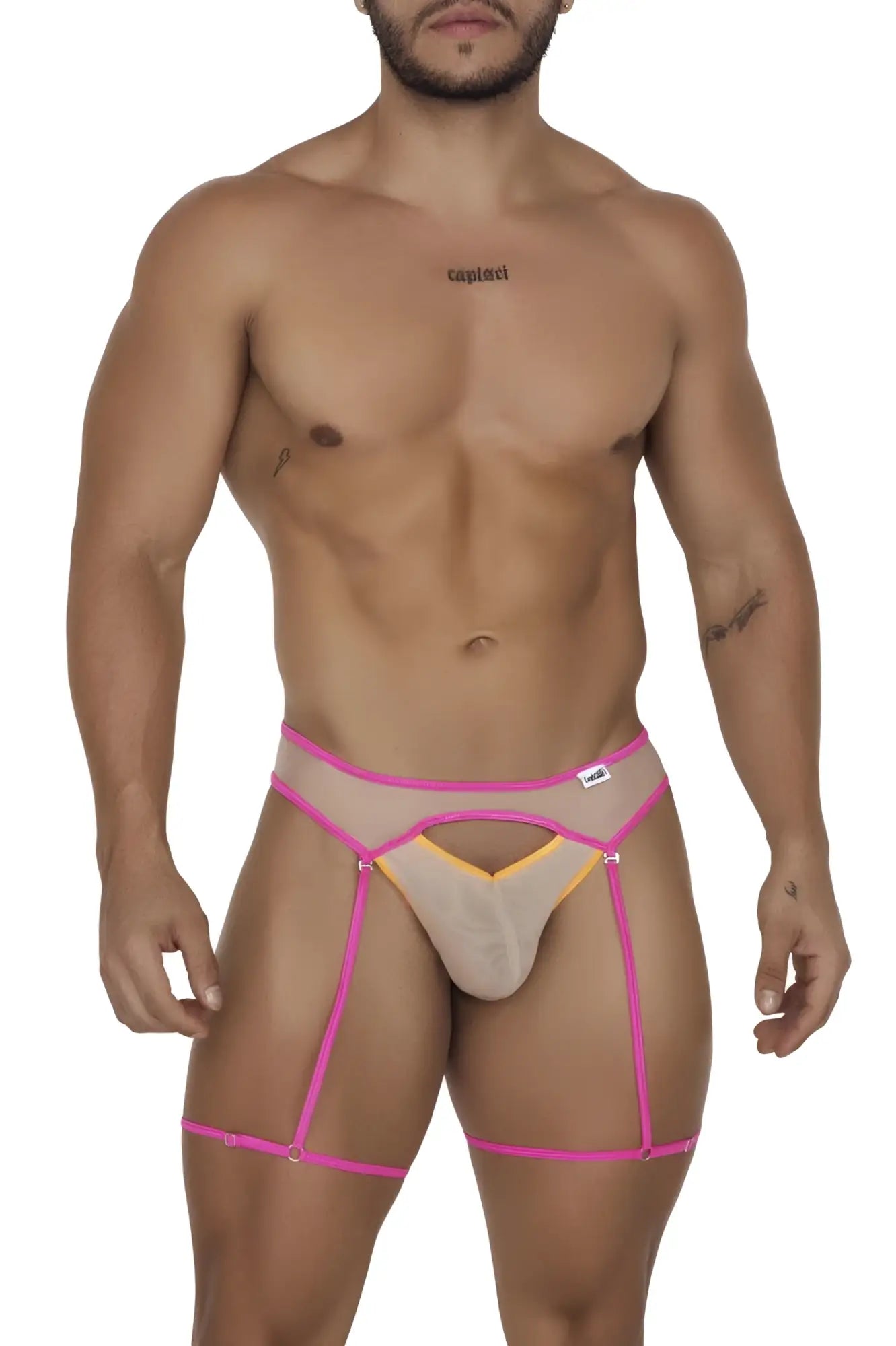 Fuchsia and yellow mesh harness briefs part of candyman 99687 garter jock two piece set in beige neon colors