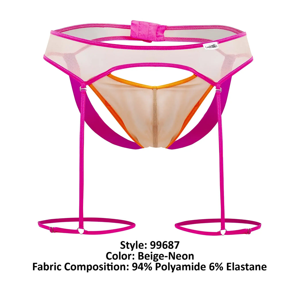 Beige and neon pink mesh garter belt with orange trim from candyman 99687 garter jock two piece set front view