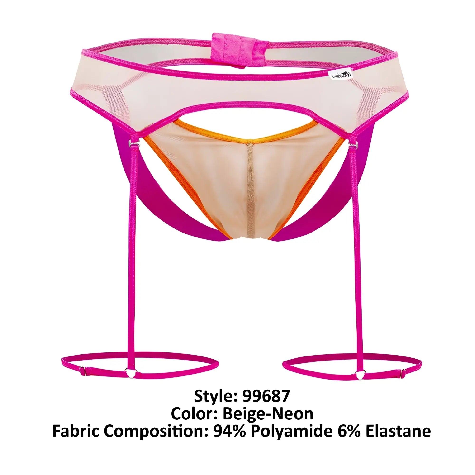 Beige and neon pink mesh garter belt with orange trim from candyman 99687 garter jock two piece set front view