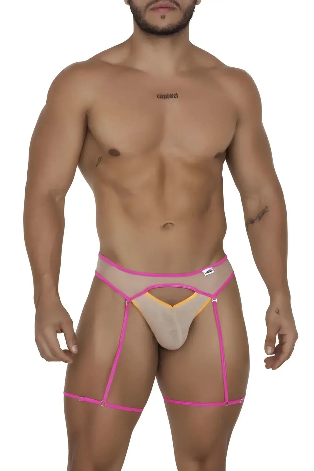 Fuchsia and yellow mesh harness briefs part of candyman 99687 garter jock two piece set in beige neon colors