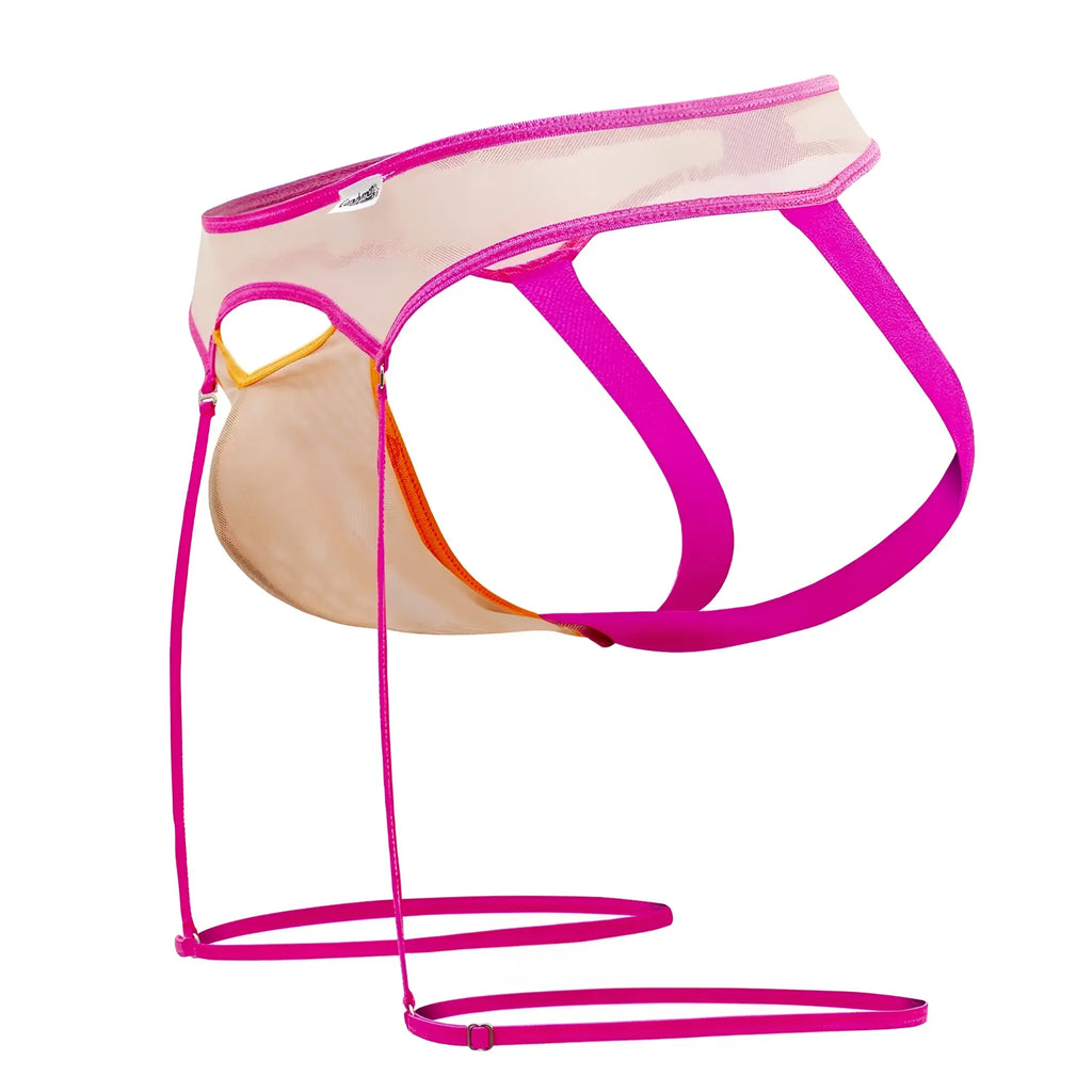 CandyMan 99687 garter jock two piece set beige neon featuring vibrant fuchsia mesh brief with sheer beige panel