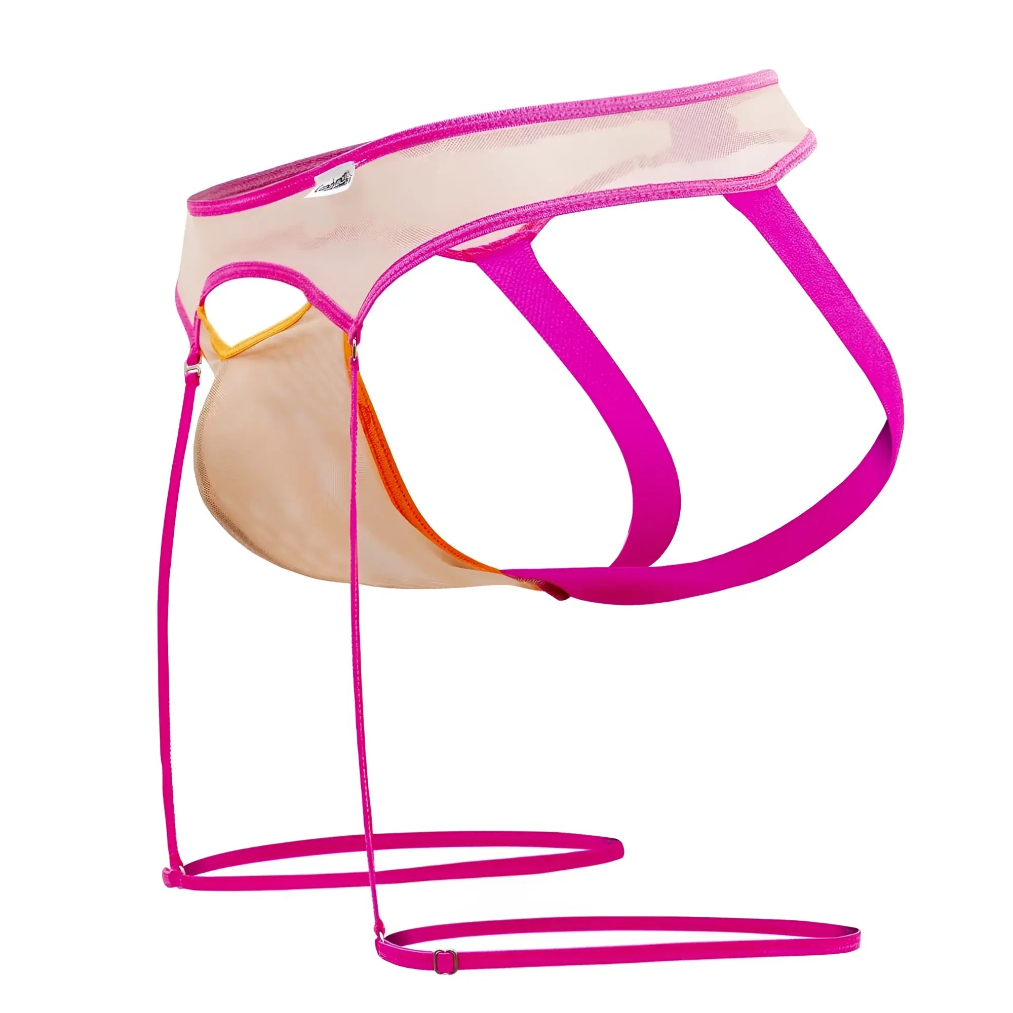 CandyMan 99687 garter jock two piece set beige neon featuring vibrant fuchsia mesh brief with sheer beige panel