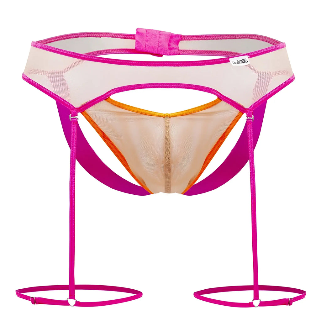 CandyMan 99687 garter jock two piece set beige neon vibrant pink and orange mesh garter belt with adjustable straps