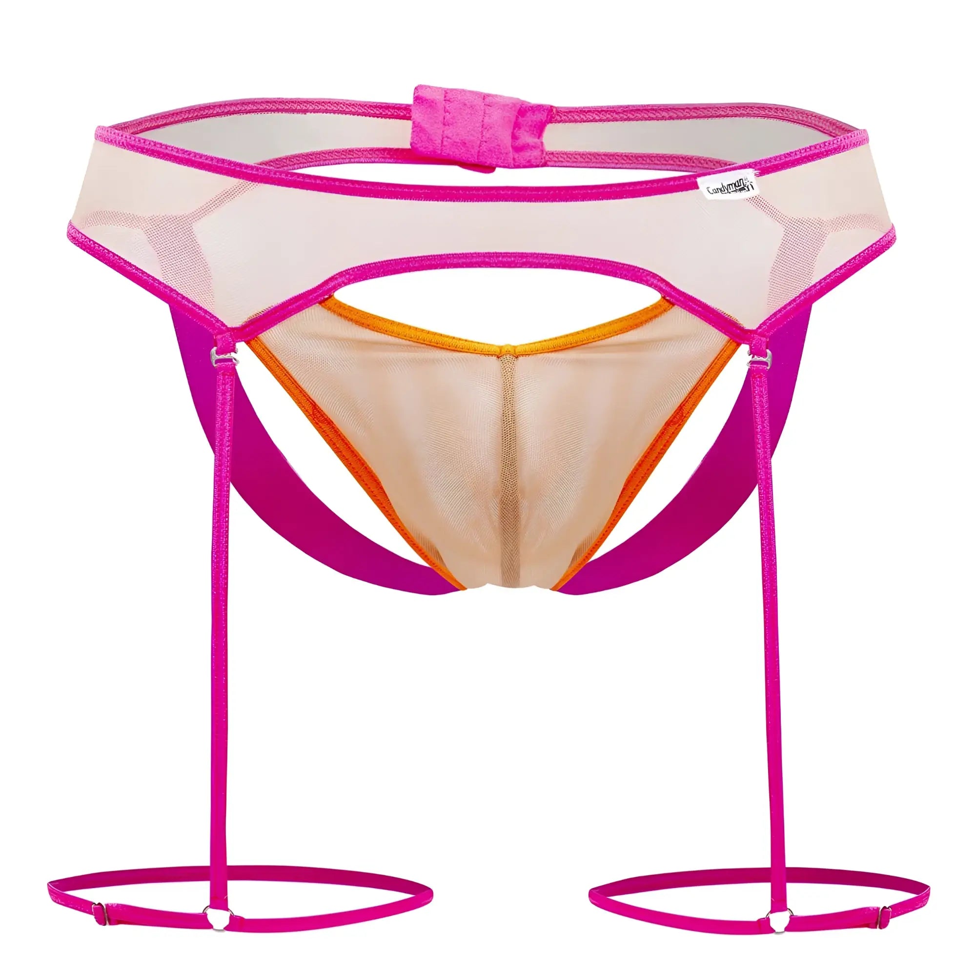 CandyMan 99687 garter jock two piece set beige neon vibrant pink and orange mesh garter belt with adjustable straps