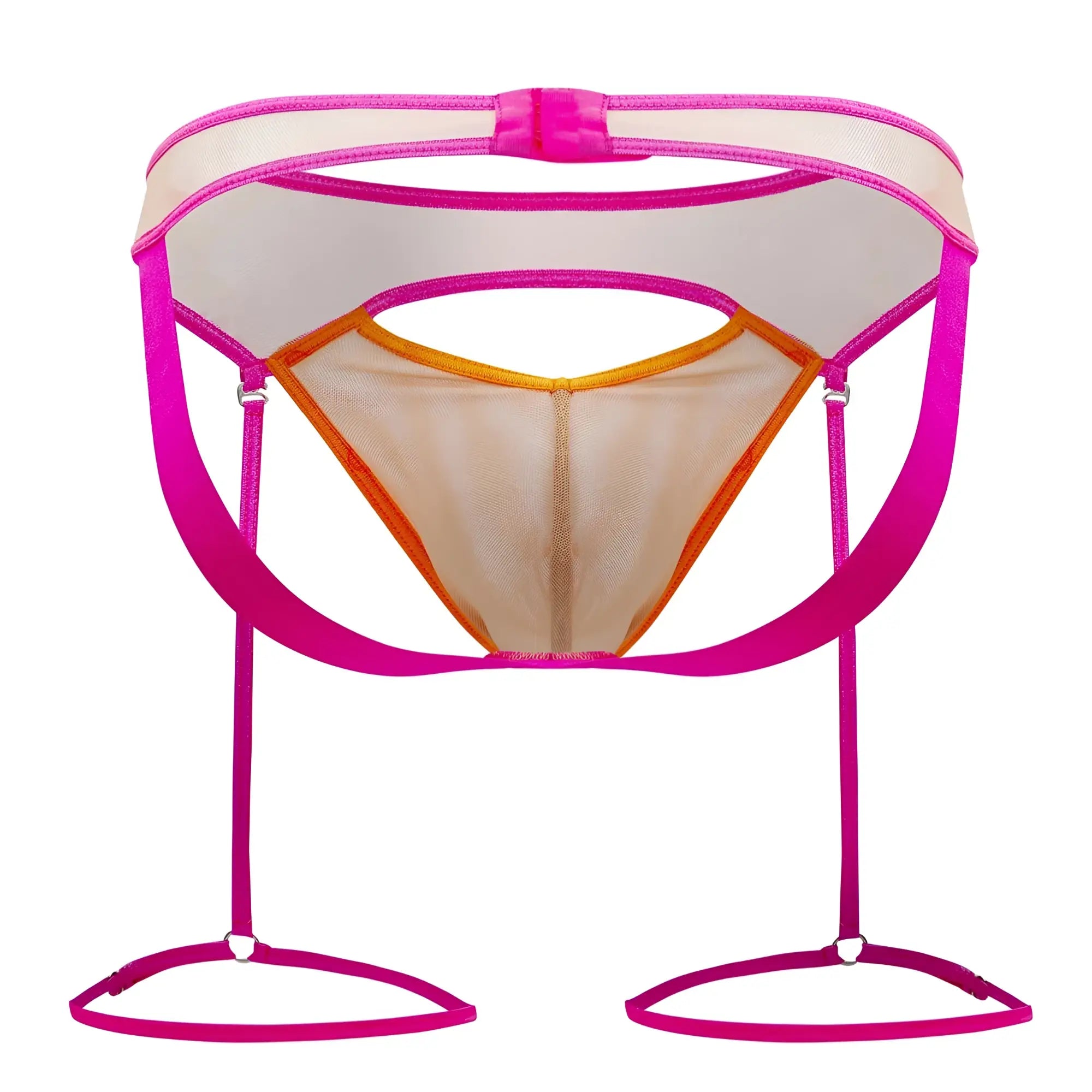 A vibrant pink and orange mesh candyMan 99687 garter jock two piece set with adjustable straps in beige-neon color