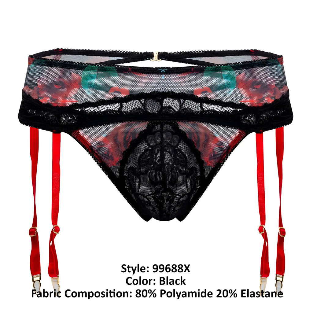 Black lace garter belt with red suspenders and floral mesh pattern from candyman 99688x two piece set in black