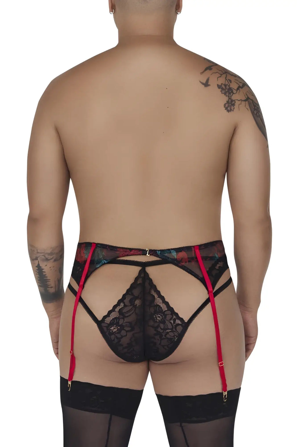 Black lace CandyMan 99688X garter belt with red suspenders and floral trim in two piece thong set