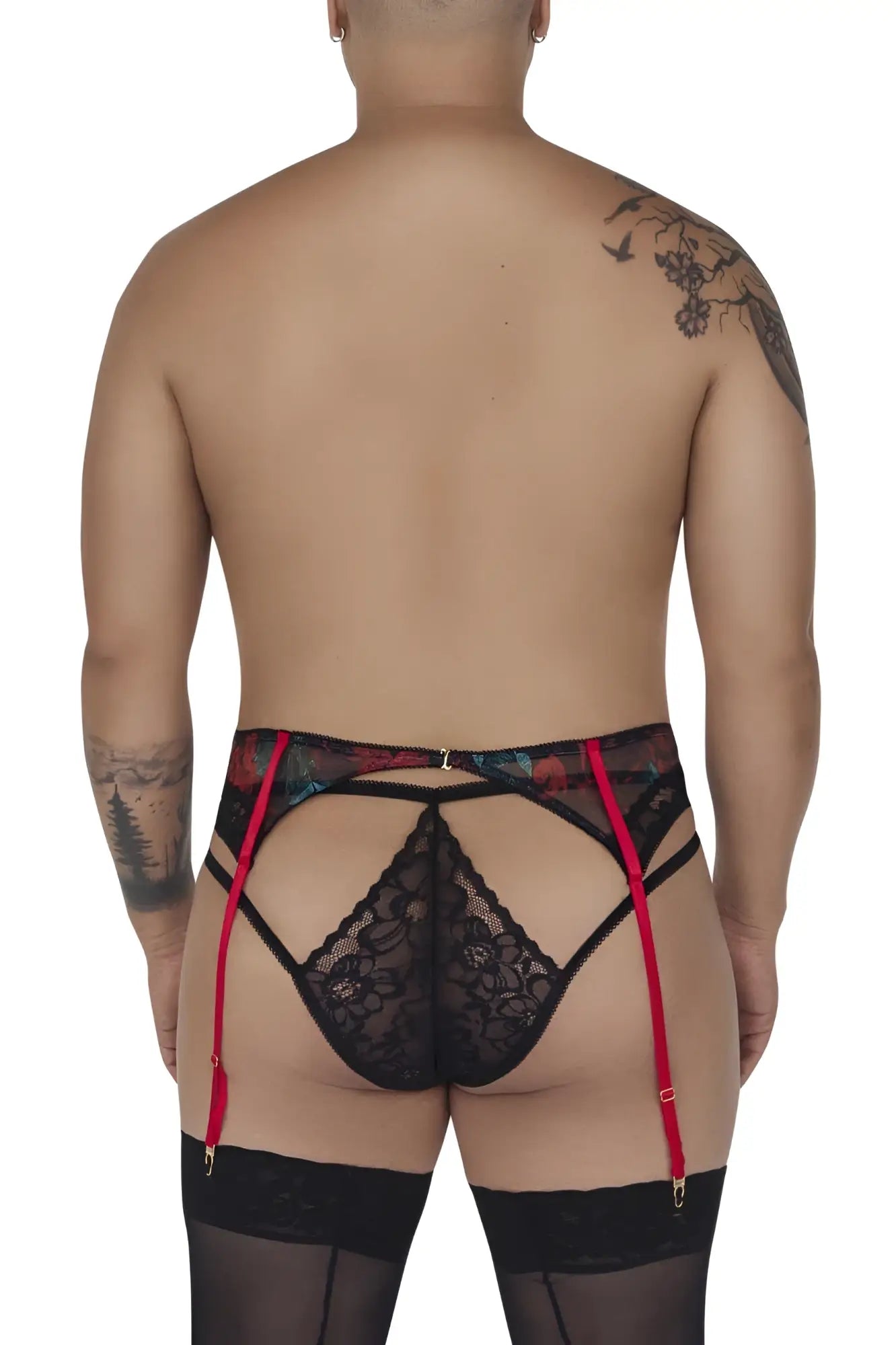 Black lace CandyMan 99688X garter belt with red suspenders and floral trim in two piece thong set