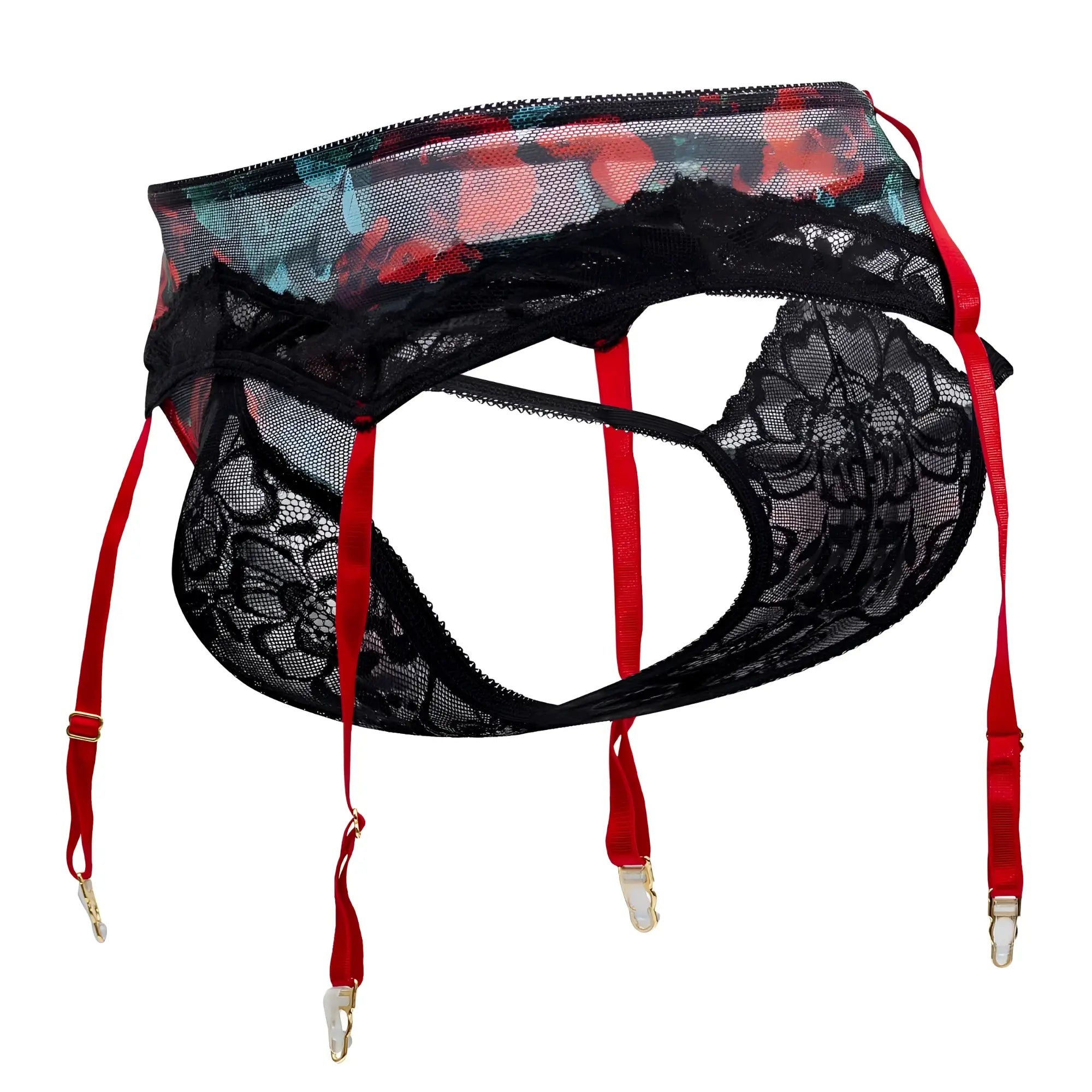 Black lace candyMan 99688X garter thong set with red suspenders and floral mesh panel in black color