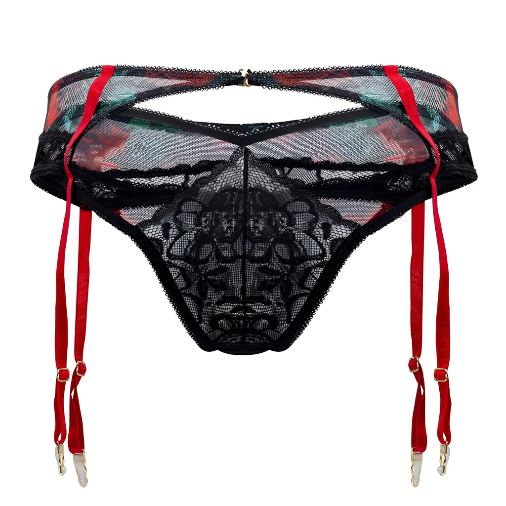 Black lace garter belt with red straps and floral mesh panels from candyman 99688x two piece set color black