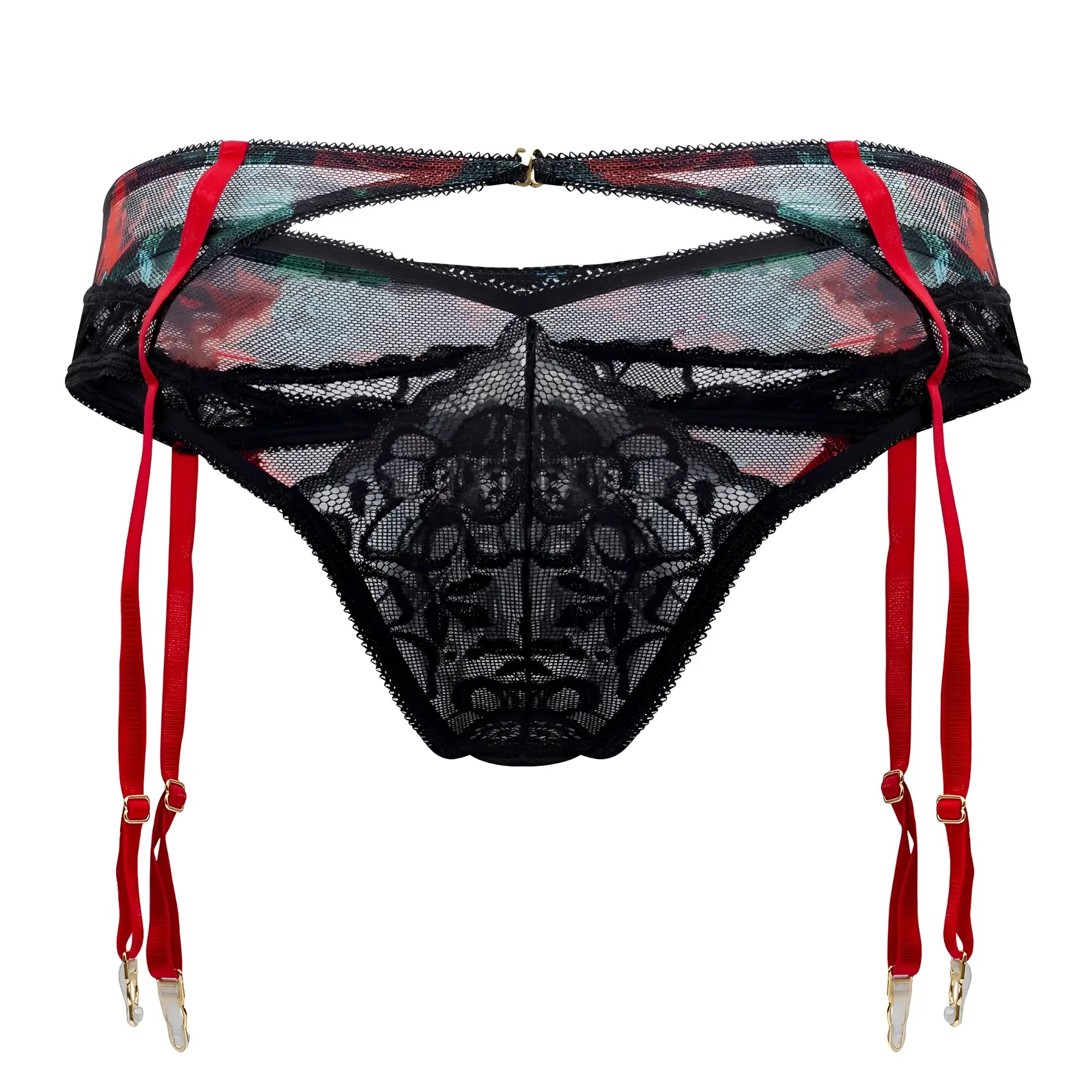 Black lace garter belt with red straps and floral mesh panels from candyman 99688x two piece set color black