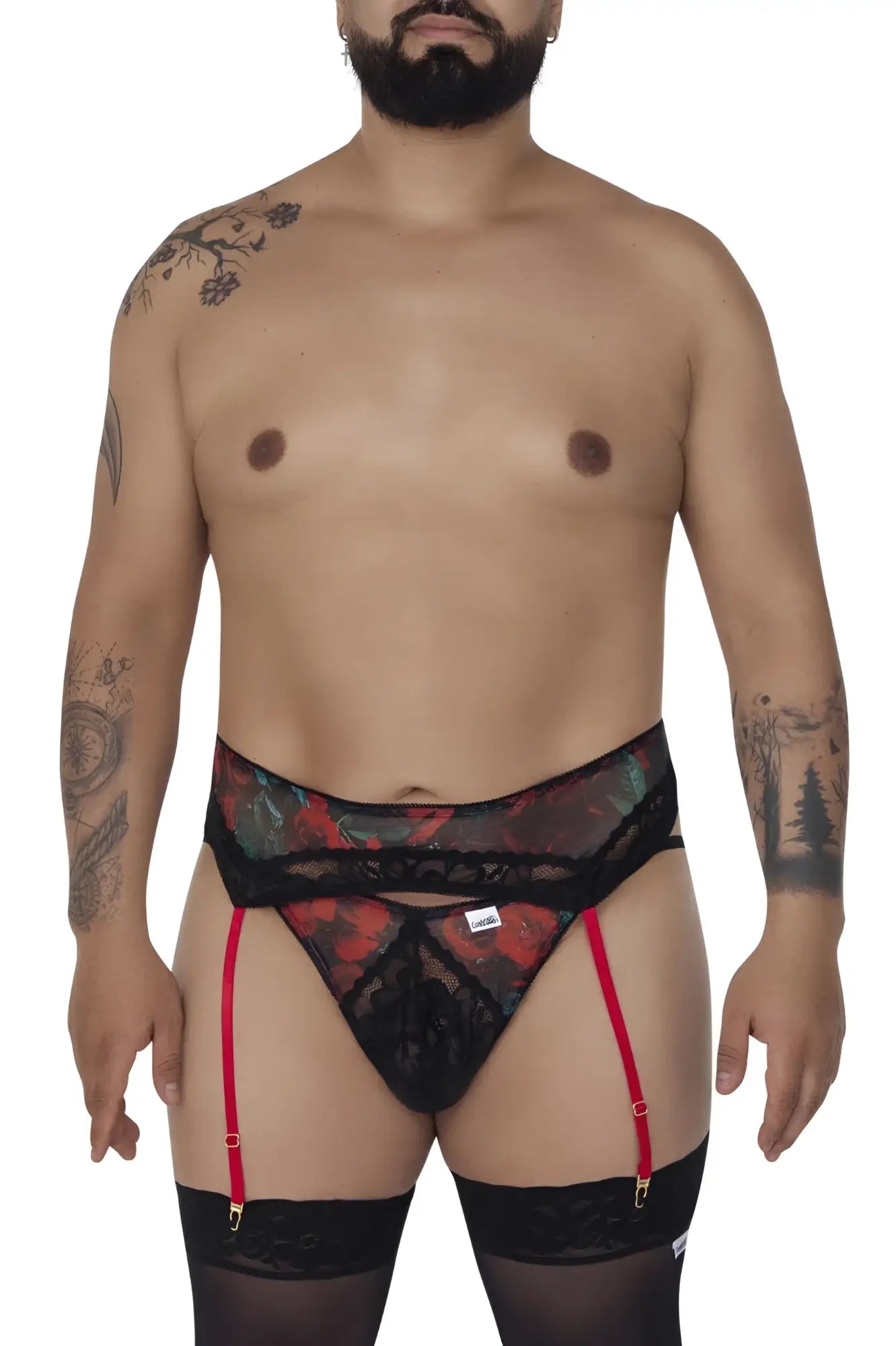 Black lace CandyMan 99688X garter belt with red suspenders and floral pattern in two piece thong set