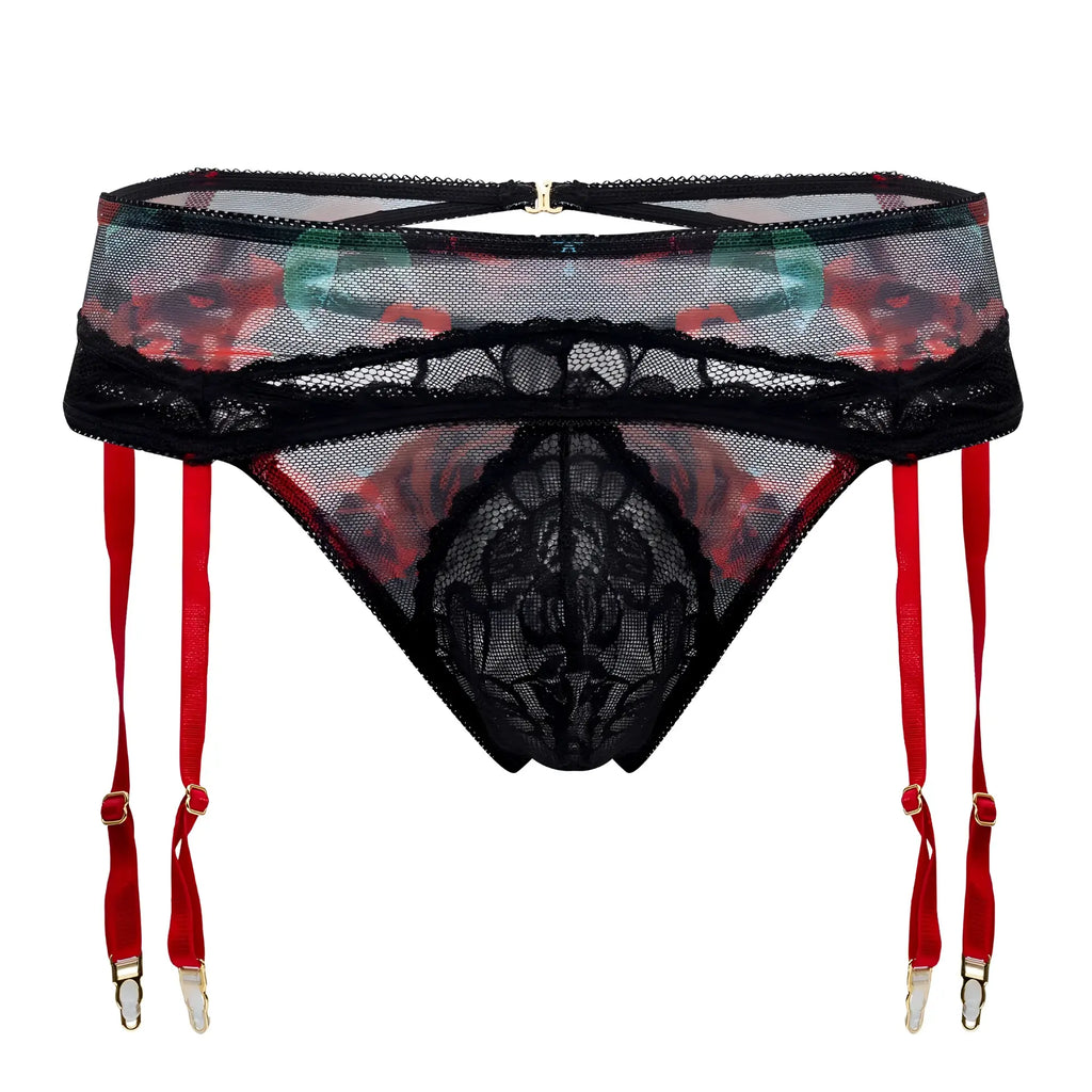 Black lace garter belt with red suspenders and floral mesh detailing from candyman 99688x two piece set
