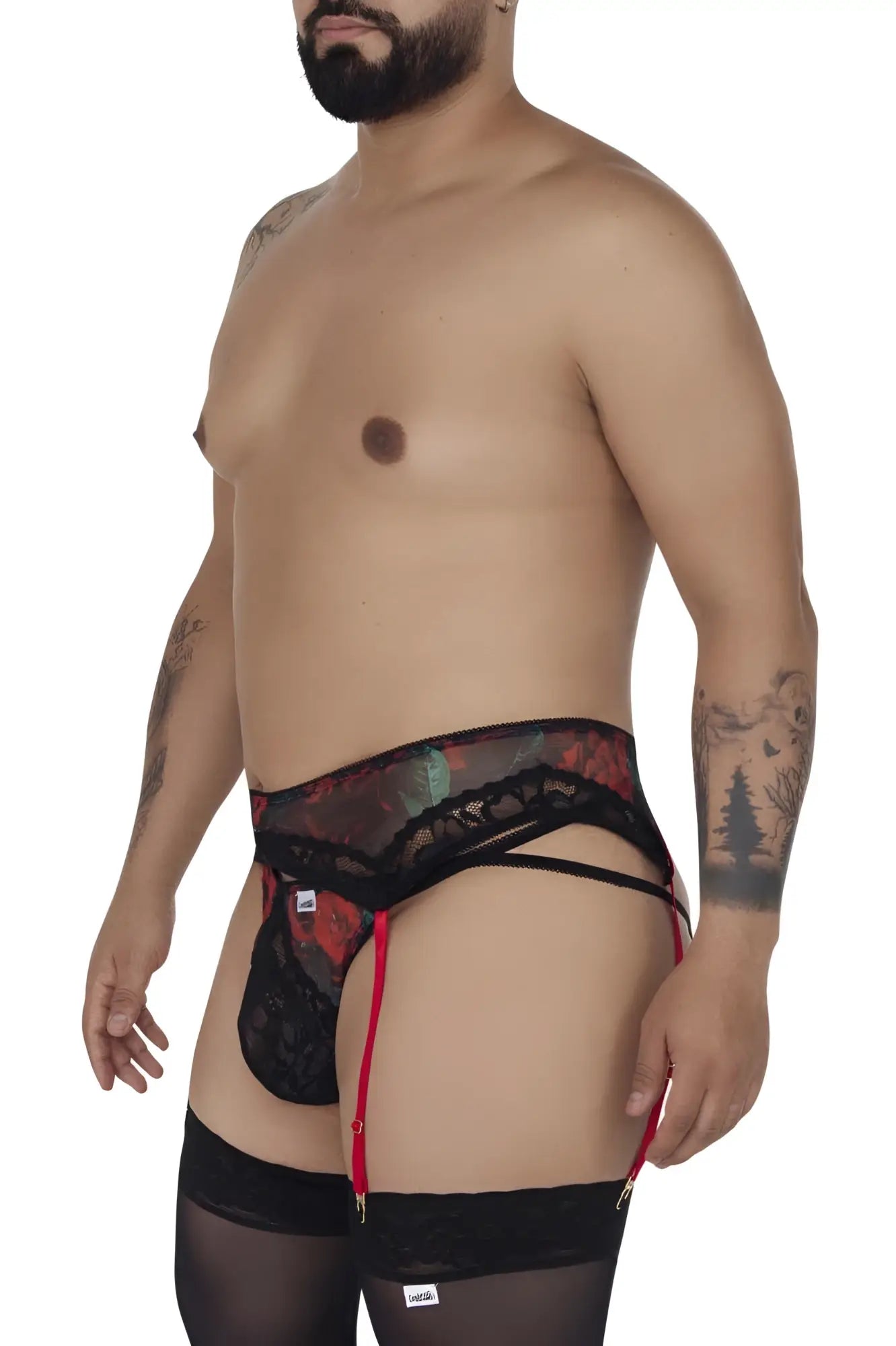 Candyman 99688x black men’s garter belt with red suspenders and floral lace pattern in two piece set