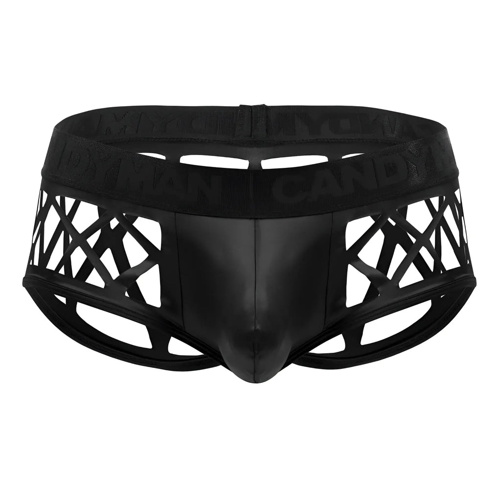 Black faux leather briefs with geometric lattice design and branded waistband candyMan 99691 cage trunks