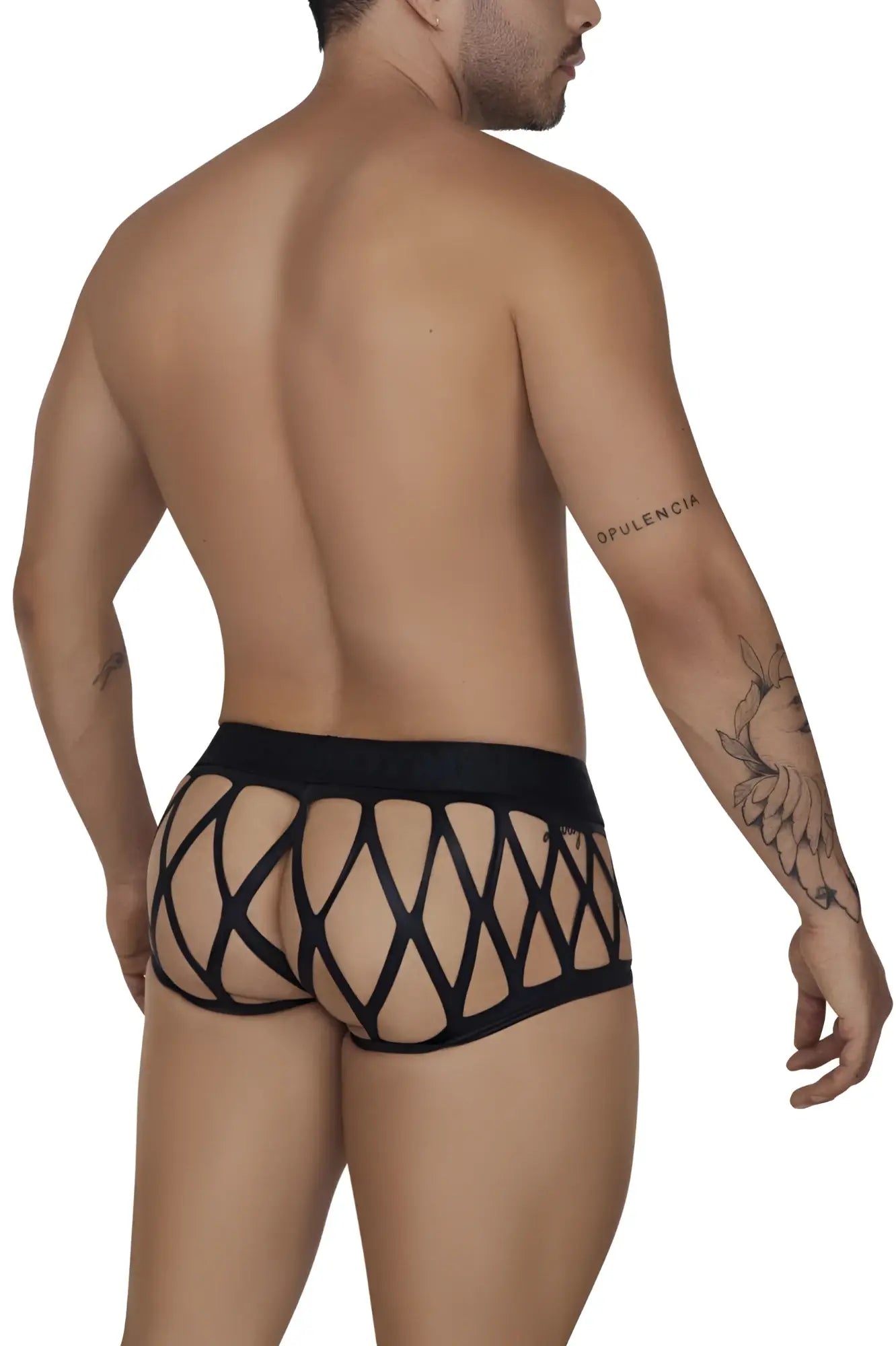 Black candyMan 99691 cage trunks briefs with bold geometric pattern and lace trim in black