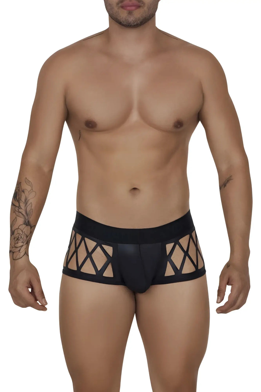 Black candyMan 99691 cage trunks briefs with lace trim and geometric cutout pattern for stylish underwear wear