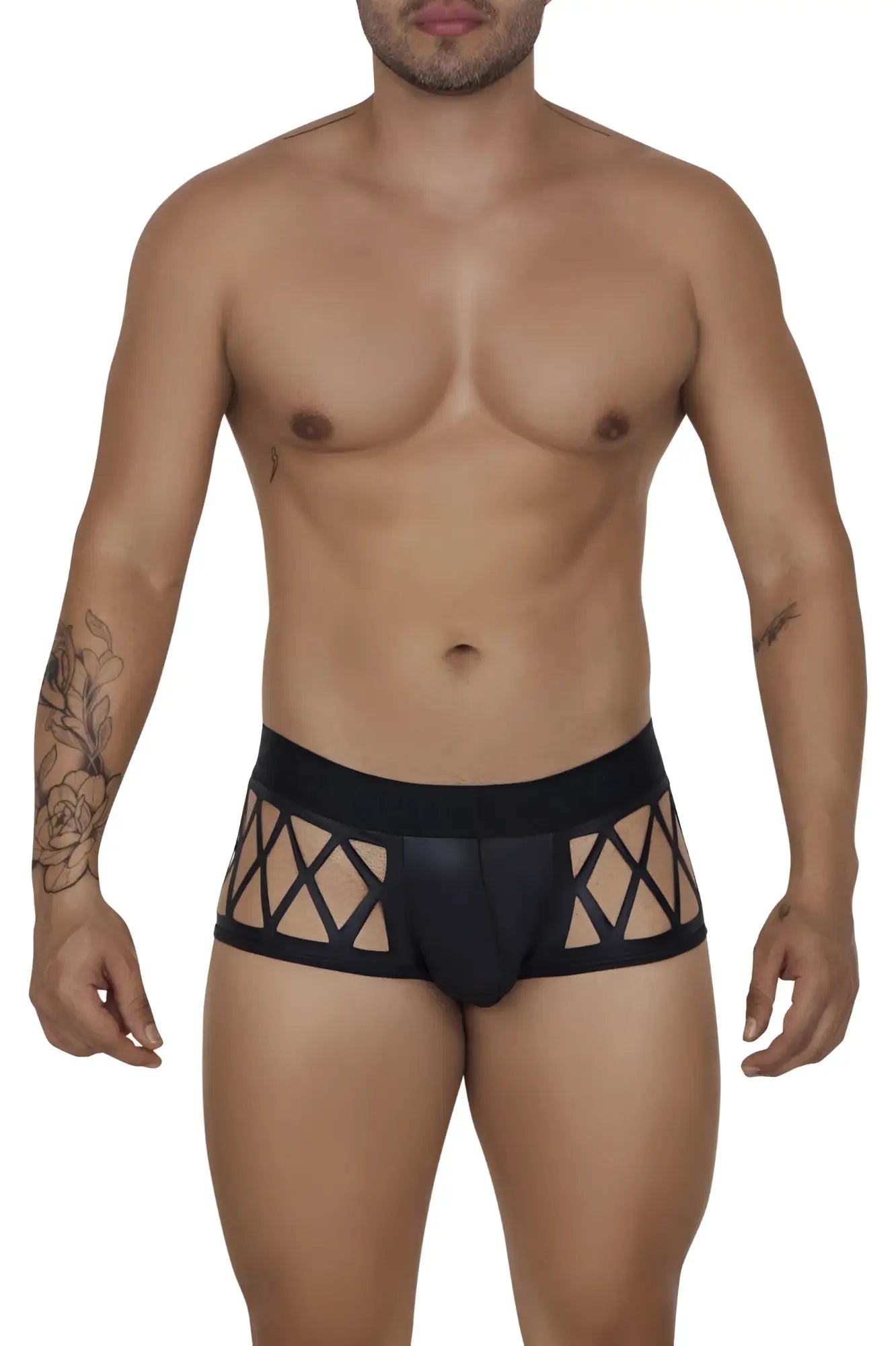 Black candyMan 99691 cage trunks briefs with lace trim and geometric cutout pattern for stylish underwear wear