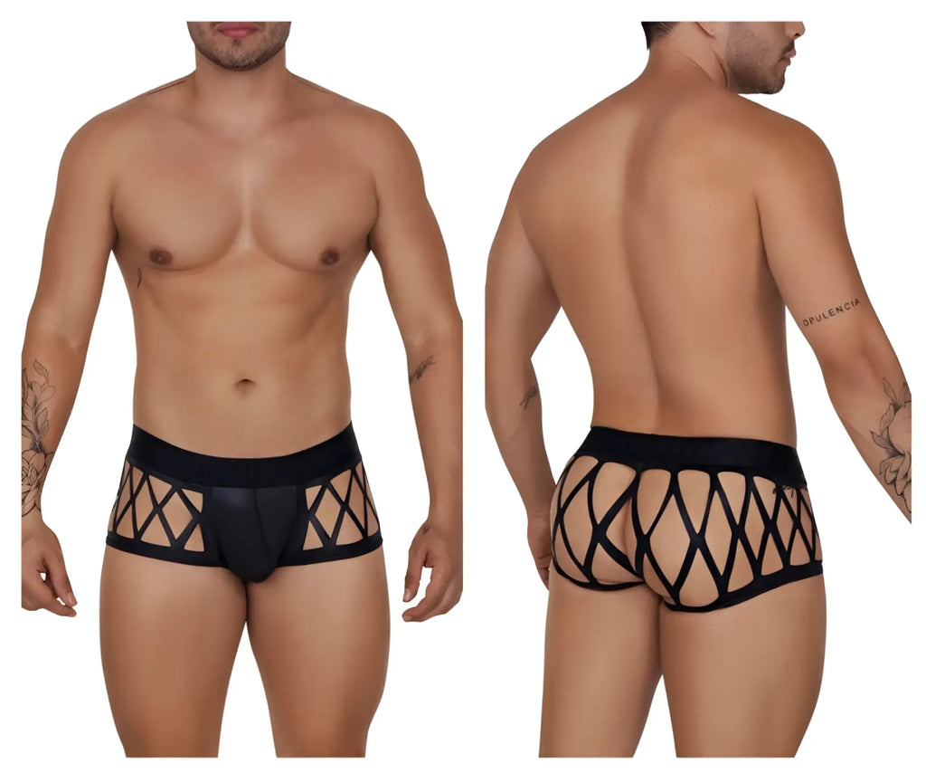 Black CandyMan 99691 Cage trunks men’s briefs with diamond-patterned mesh and lace trim in black