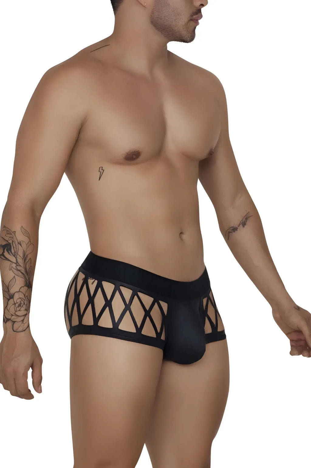 CandyMan 99691 cage trunks black lace-trimmed sleek form-fitting men’s briefs with cage design