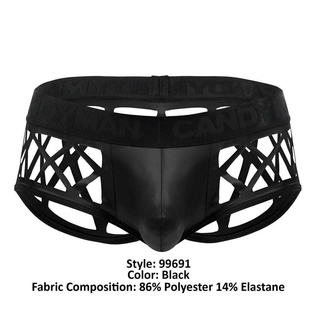Black CandyMan 99691 cage trunks briefs with glossy finish and geometric cutout design in black color