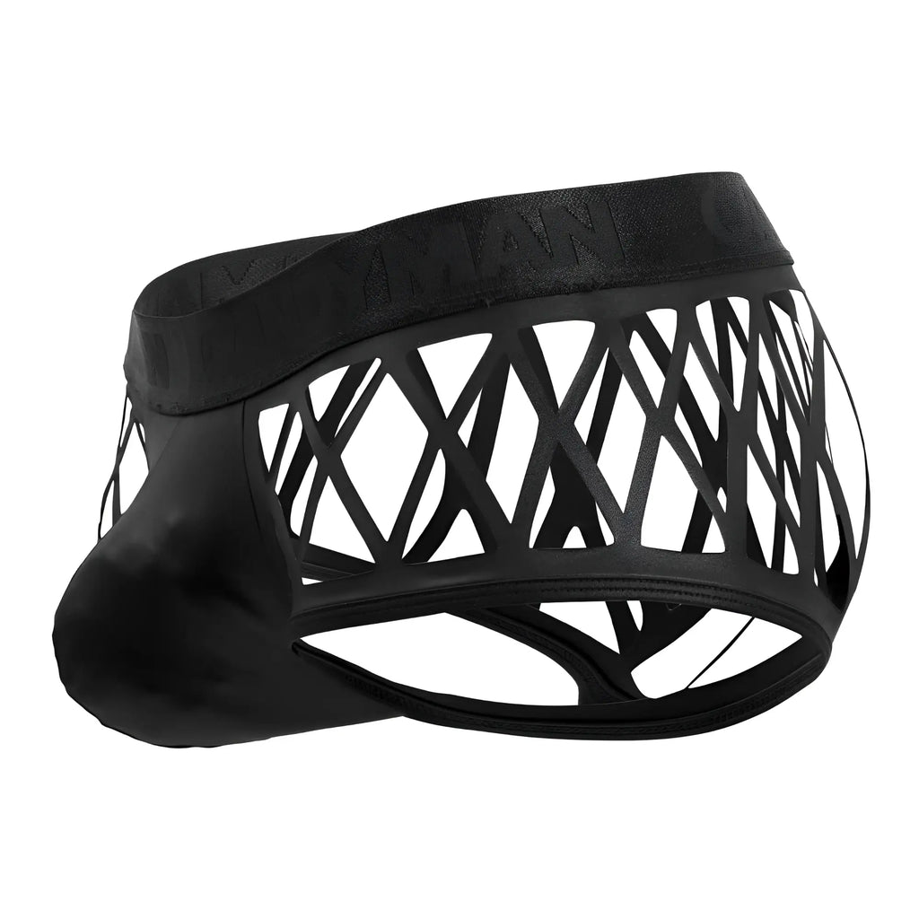 Black mens briefs CandyMan 99691 cage trunks in black with sleek geometric lattice design and elastic waistband