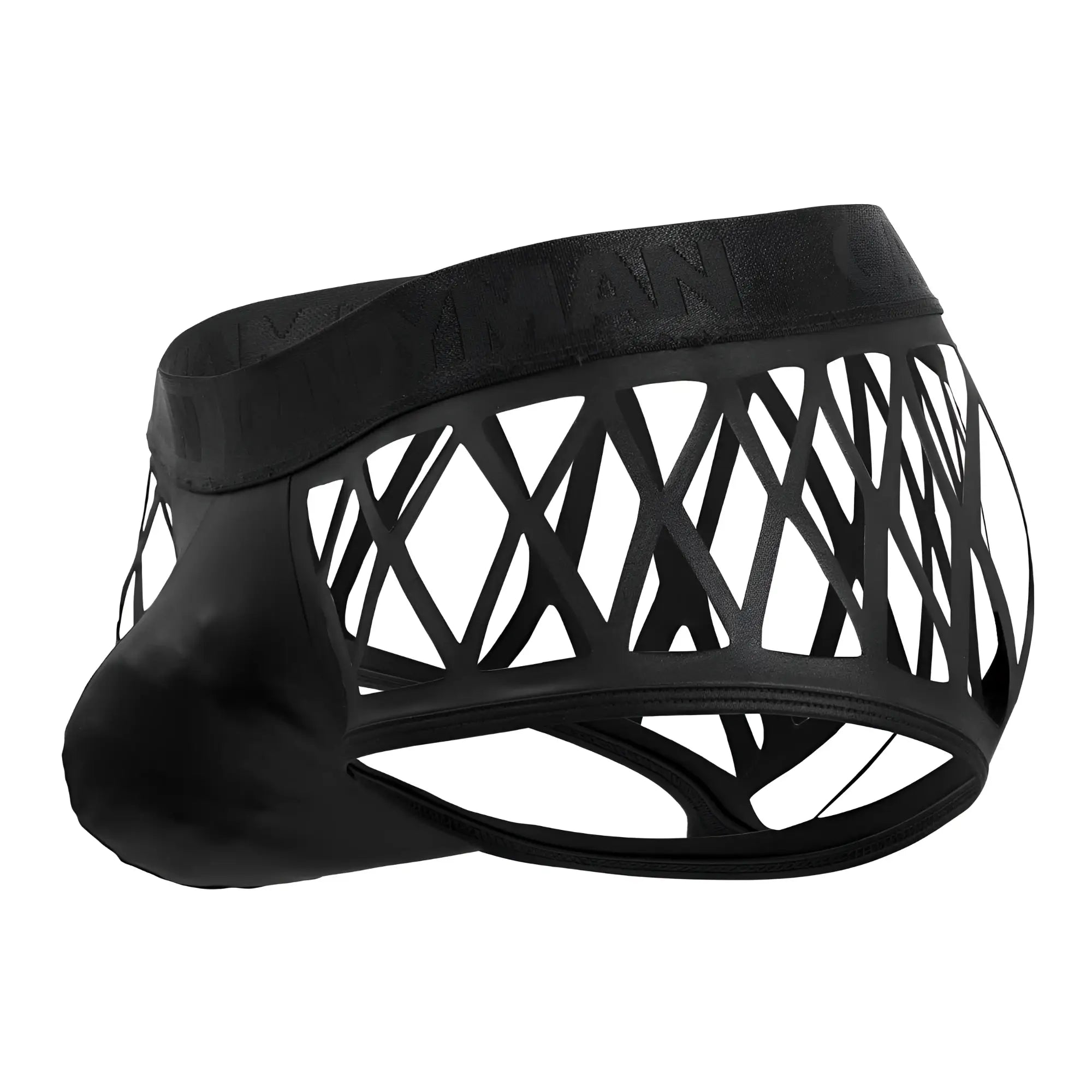 Black mens briefs CandyMan 99691 cage trunks in black with sleek geometric lattice design and elastic waistband