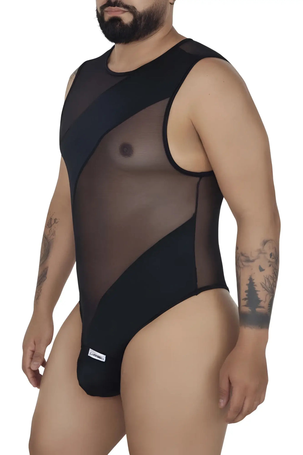 Black candyMan 99699X mesh bodysuit with sheer mesh and opaque panels featuring a round neckline