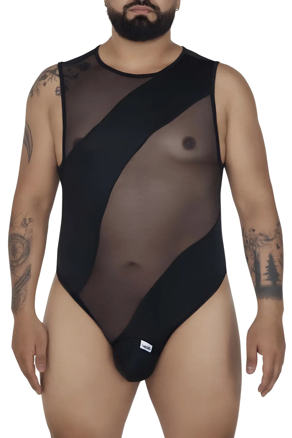 Black sheer mesh bodysuit with opaque panels and round neckline candyMan 99699X in black