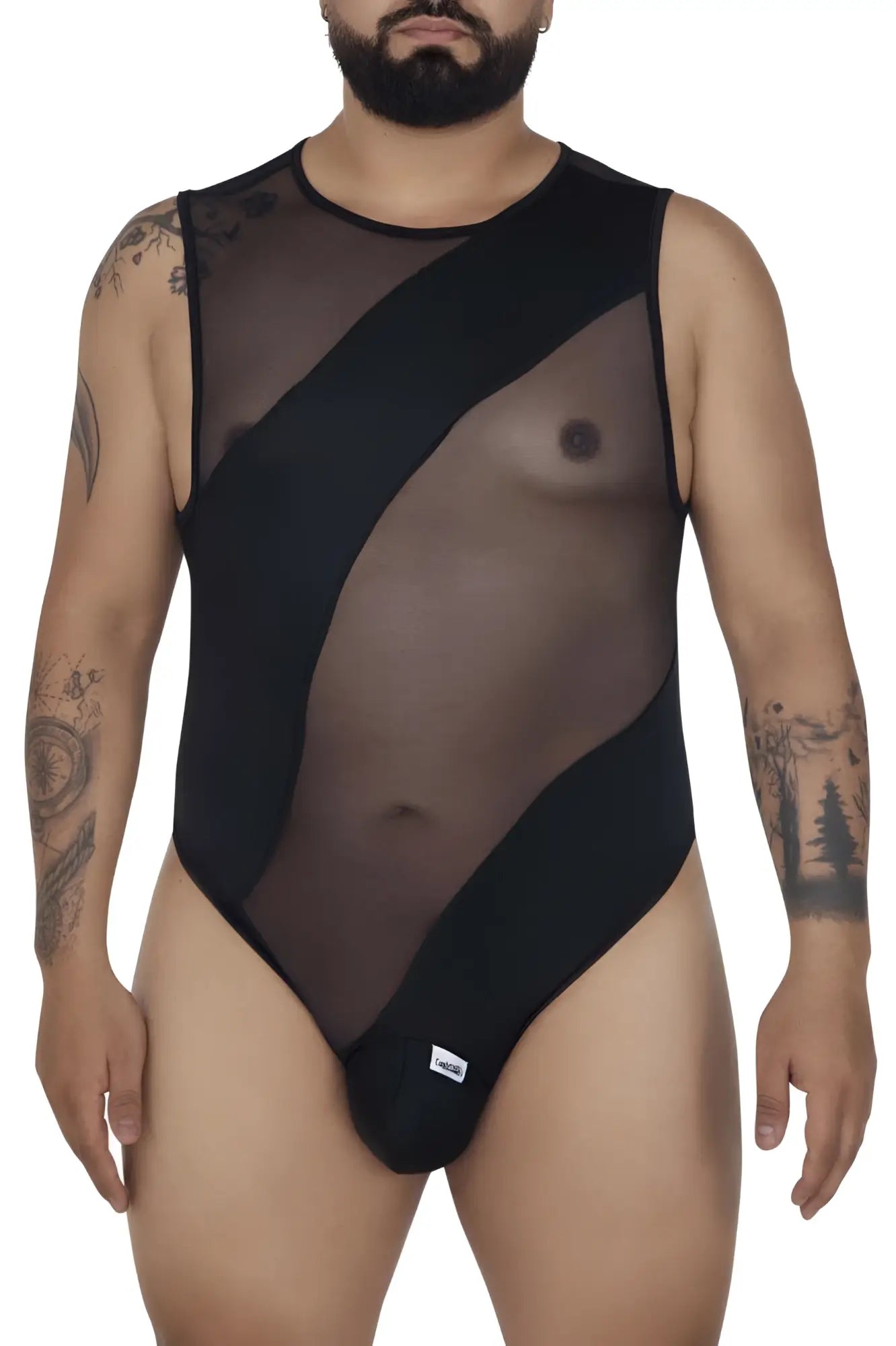 Black sheer mesh bodysuit with opaque panels and round neckline candyMan 99699X in black