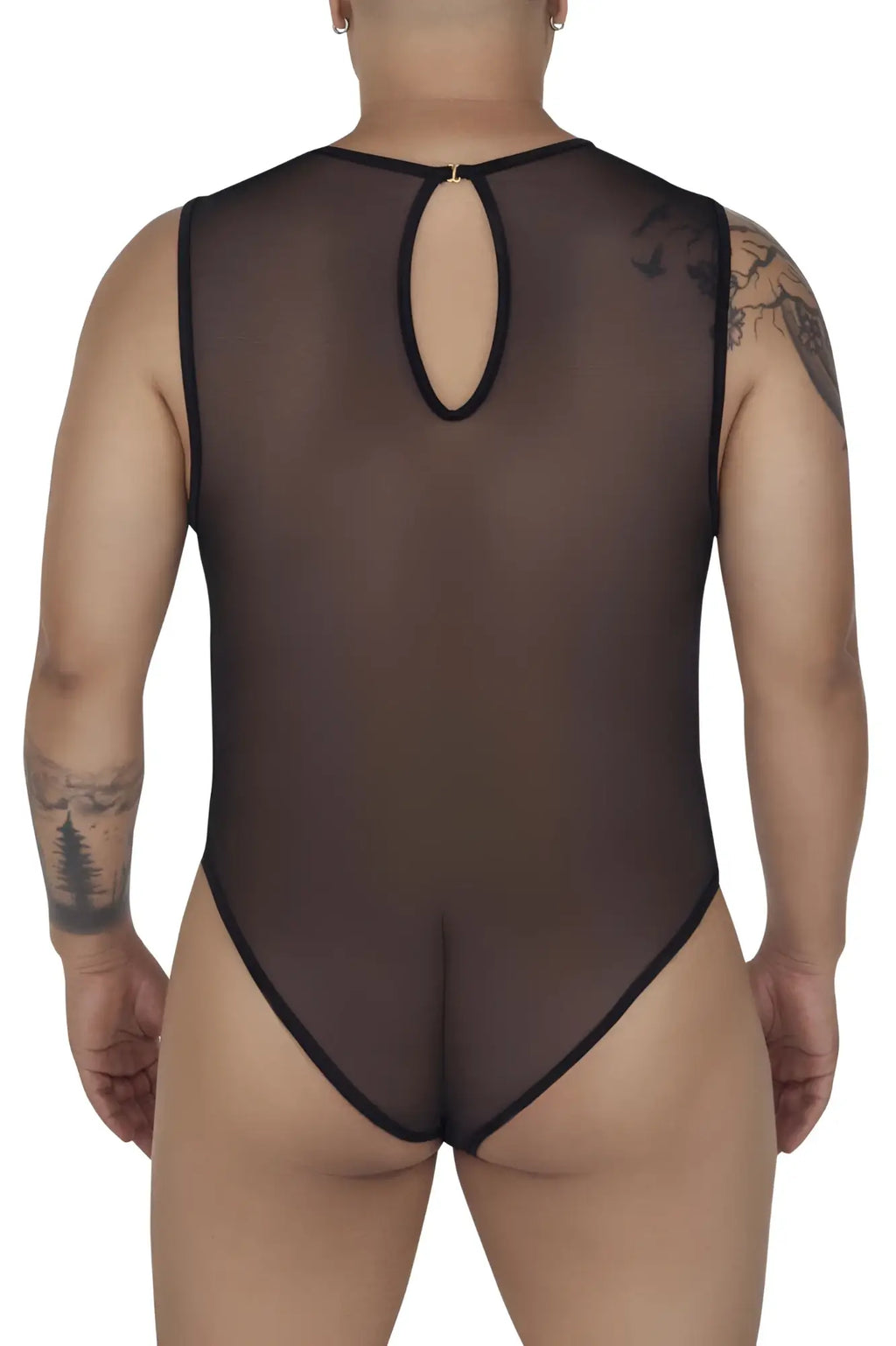 Black sheer mesh one-piece bodysuit with black trim and keyhole back opening candyMan 99699X mesh bodysuit color black back view