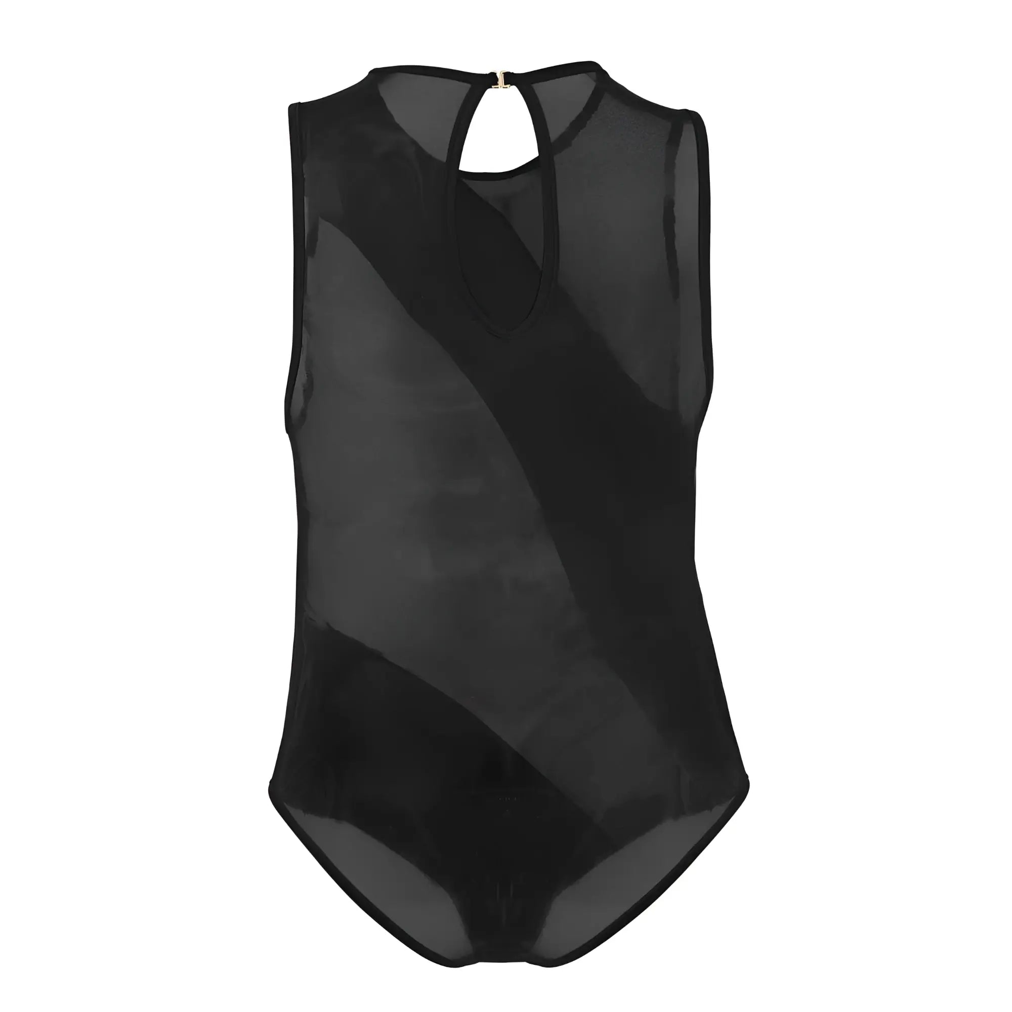 Black CandyMan 99699X sheer mesh one-piece bodysuit with keyhole neckline and back closure shown from the back