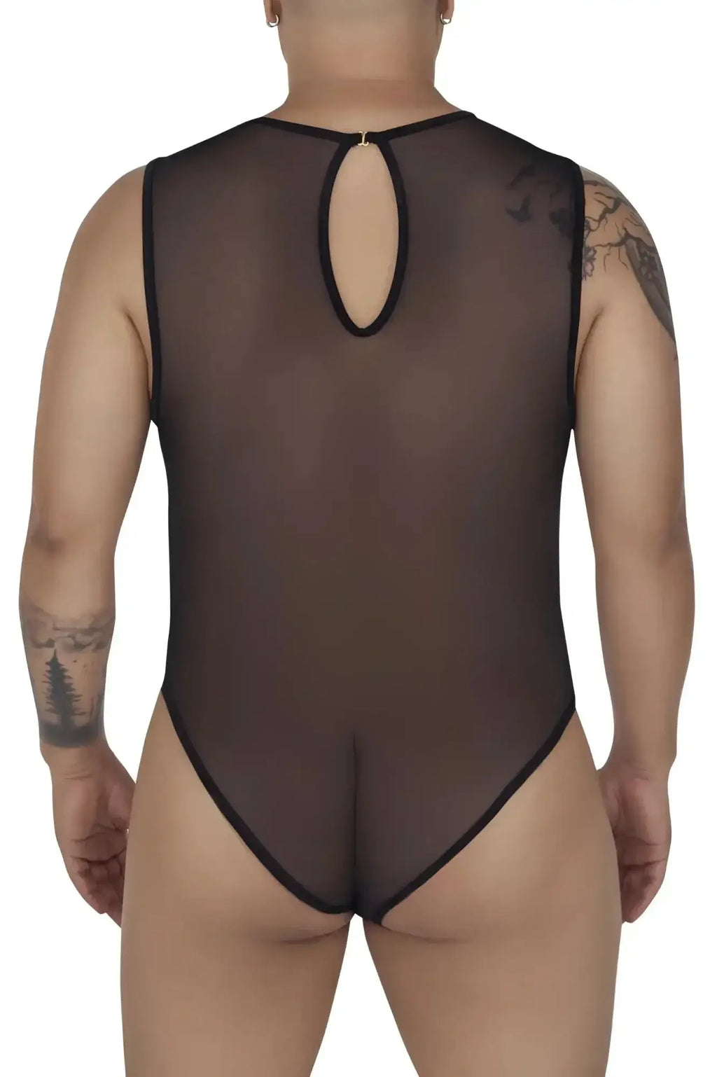 Black sheer mesh CandyMan 99699X one-piece bodysuit with black trim and keyhole back opening shown from the back