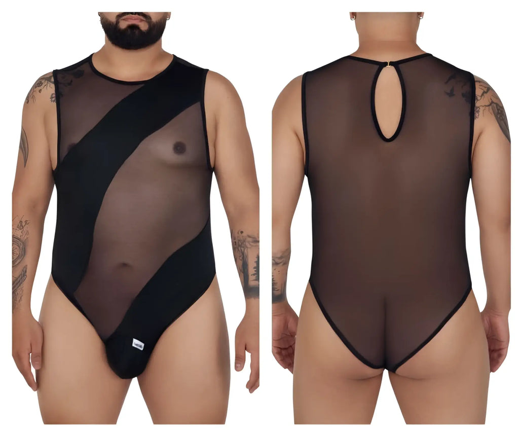 Black sheer mesh one-piece bodysuit with opaque panels and keyhole back detail candyMan 99699X mesh bodysuit