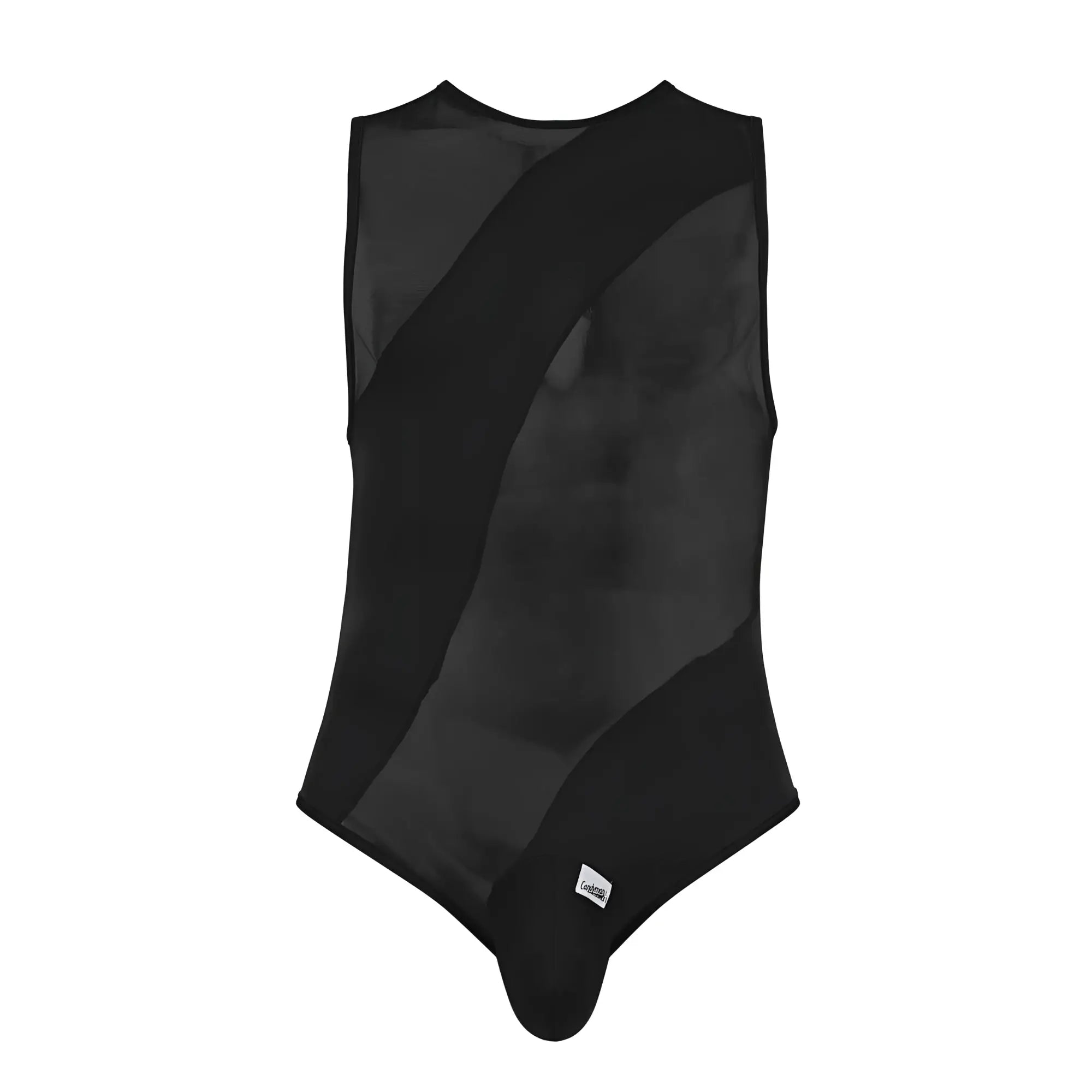 CandyMan 99699X black mesh bodysuit with solid fabric and diagonal panel design one-piece lingerie